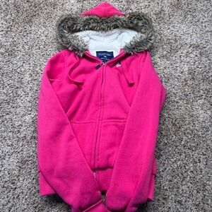 US Polo Assn Pink Sherpa Lined Faux Fur Hood Zip Up Hoodie Sweatshirt Small